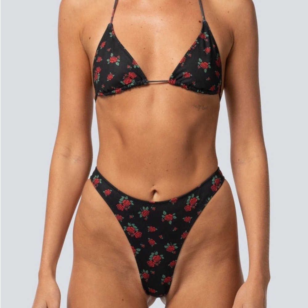 Chic Black Bikini with Red Floral Design